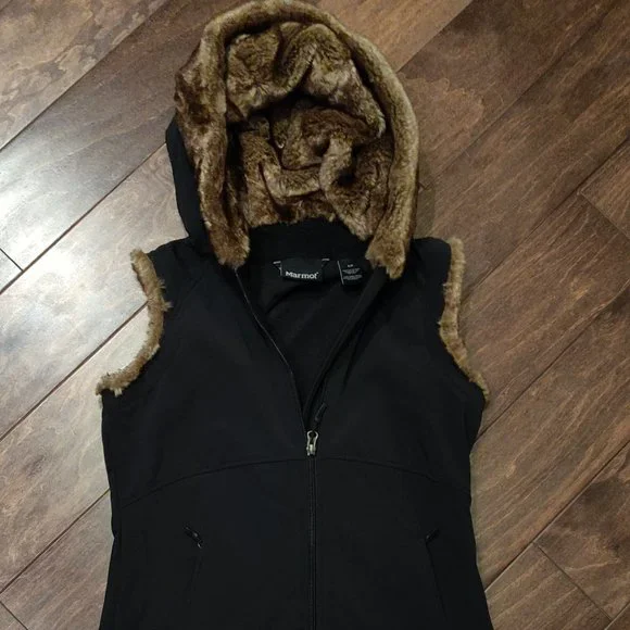Marmot Black Soft Shell Vest With Faux Fur Hood Women's SIZE SMALL - Picture 5 of 6